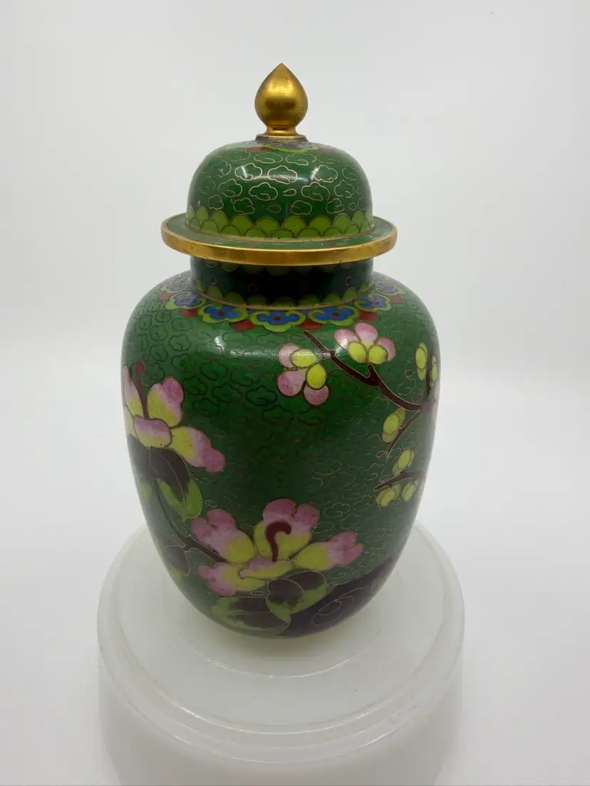 Vintage Cloissone 6.5” Vase Green W Pink Cherry Blossoms