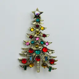 HOLLY CRAFT Vintage Rhinestone Gold Tone Christmas Tree Brooch