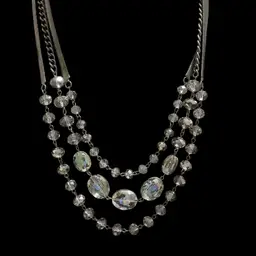 Beautiful Vintage Style Triple ~ Strand Crystal Statement Necklace. Fun Metal Grey Chains.  Not Signed