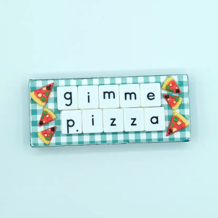 Gimme Pizza Green Checkered Letter Wooden Art Block