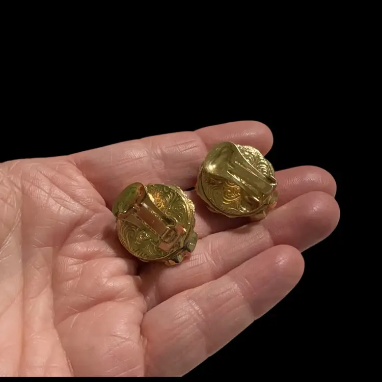 Vintage Goldtone 1928 Brand Porcelain Clip Earrings. With Pink Rose Transfer Design.