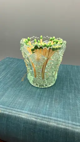 Imperial Glass Sea Green Hobstar Daisy & Button Toothpick Holder – Sawtooth Rim EAPG 
2.5”x 2.5”