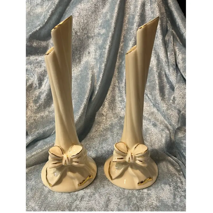 Pair Of Formalities Gold Trim Bow Taper Candle Holders Or Bud Vases
