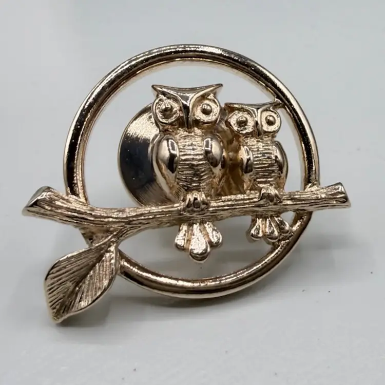 Vintage Avon Moonlight Couple Owl Pin Gold-Tone Pin w/ Box