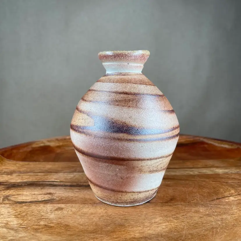 Hand Thrown Ceramic Signed Single Stem Weed Pot Vase with Brown Tan Spiral Design 1998