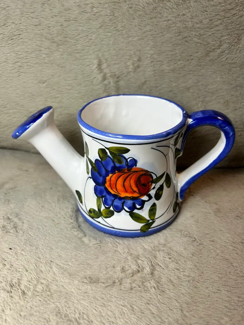 Vintage Hand Painted Floral Ceramic Watering Can Vase Made in Italy