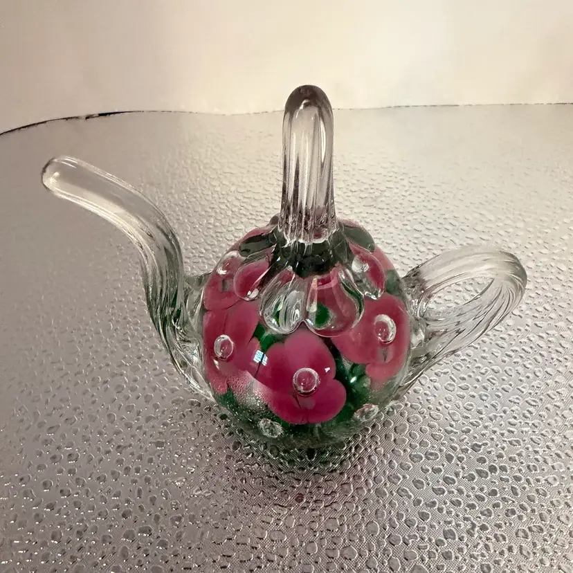 Signed St. Clair Pink And Green Teapot Ring Holder Paperweight