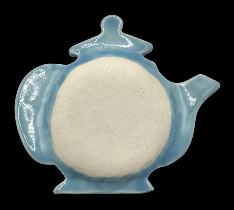 Studio Art Potter Teapot Shaped Tea Bag Caddy Holder Blue Gray Scroll 3.25”