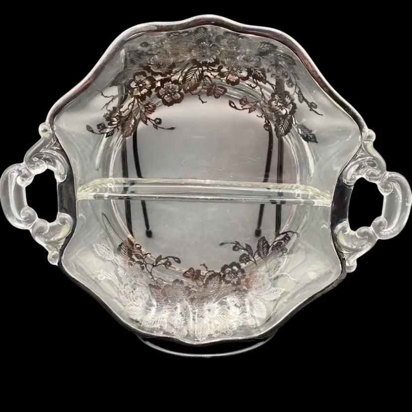 MCM Divided Glass Serving Dish, Silver Overlay Floral Design, Double Scroll Handles