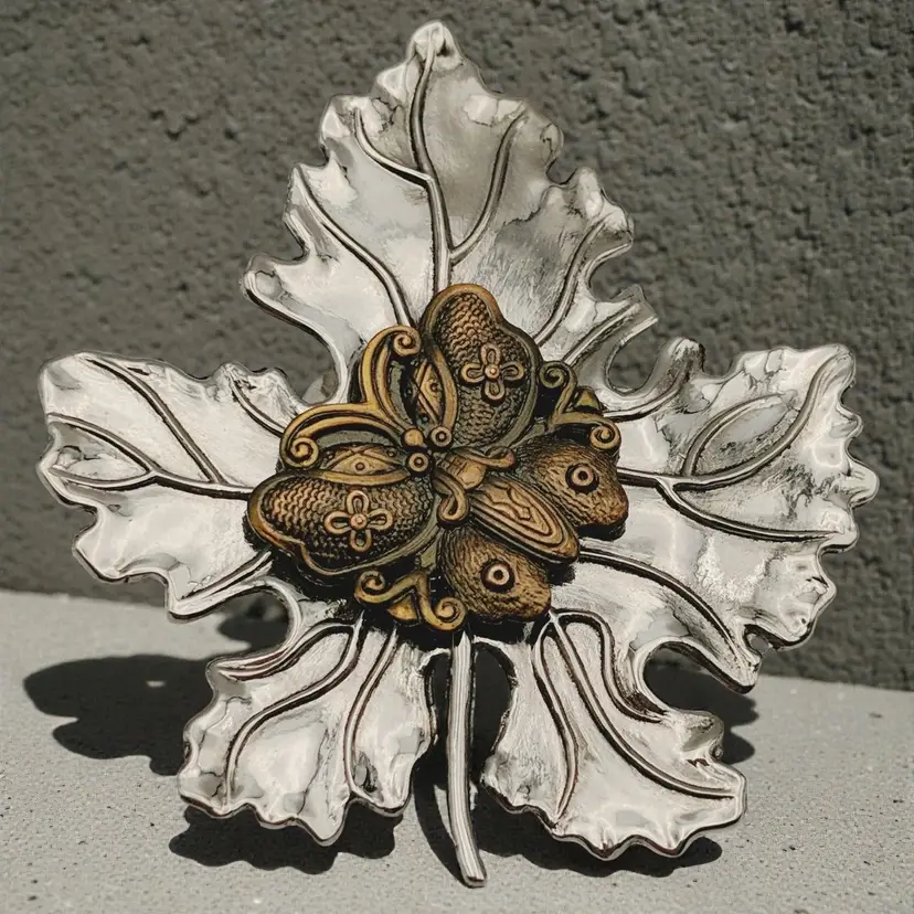 Sylvia Dahl Copper Tone Butterfly On a Silver Tone Oak Leaf Scarf Tie Clip