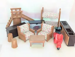 Maple Town Story Furniture lot Bandai 1986 Flocked Animals Living Room Beds Fireplace motorbike slide Vintage TV Cartoon Collectible toys
