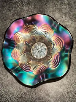 Blue Purple Amethyst Peacock Pattern Carnival Glass Wavy Bowl