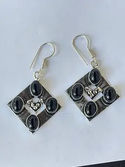 Silver-Tone Black Cabochon and Heart Earrings