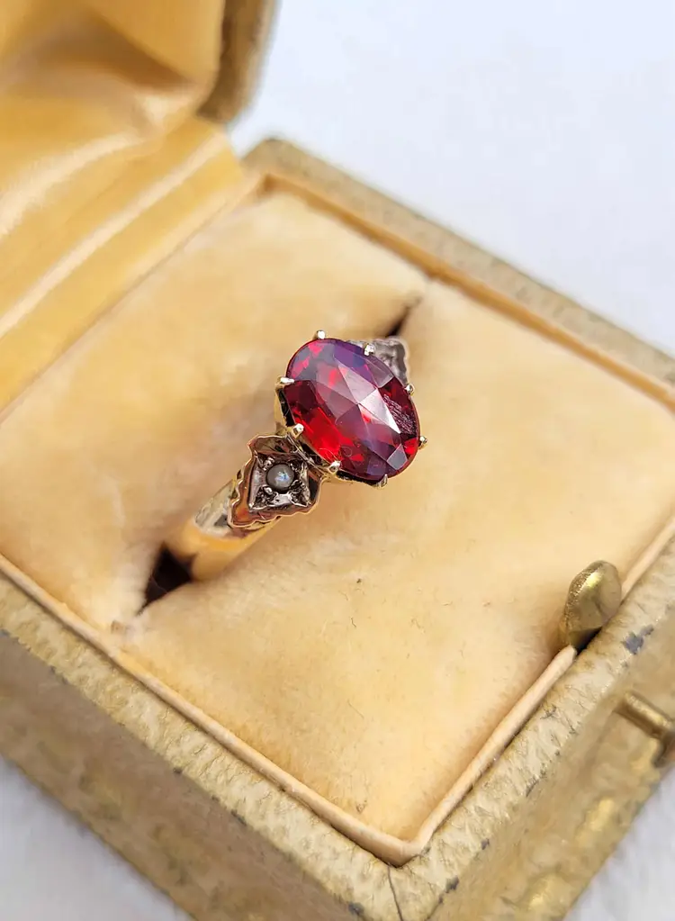 Antique 10k Yellow Gold Red Garnet Pearl Victorian Ring Size 6