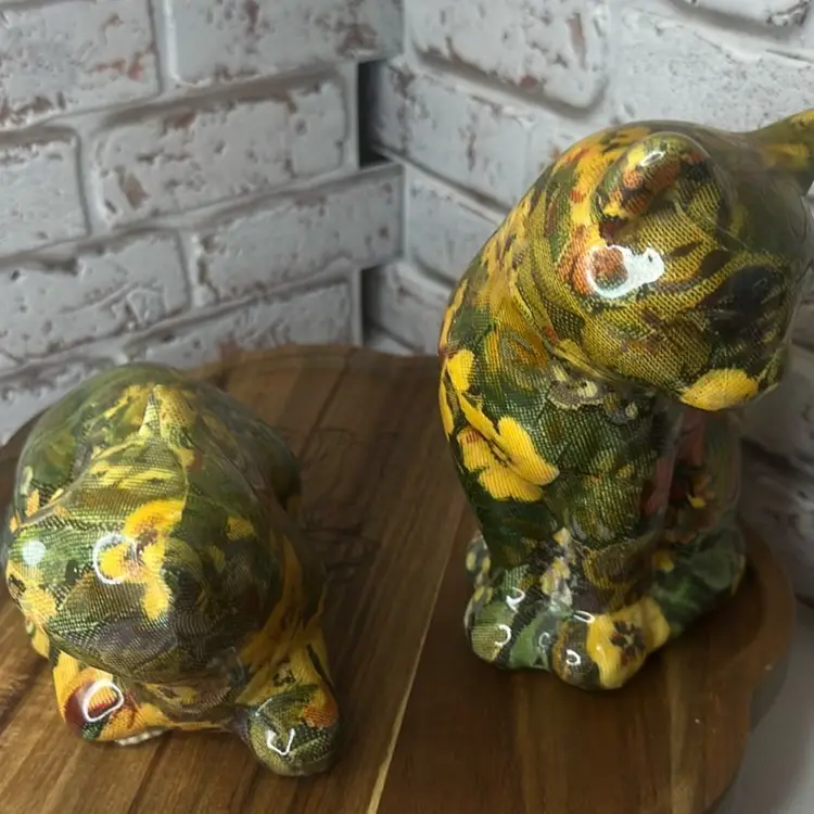 Set Of 2 Vintage Decoupage Cat Figurines Kitty Kitten Flower Art