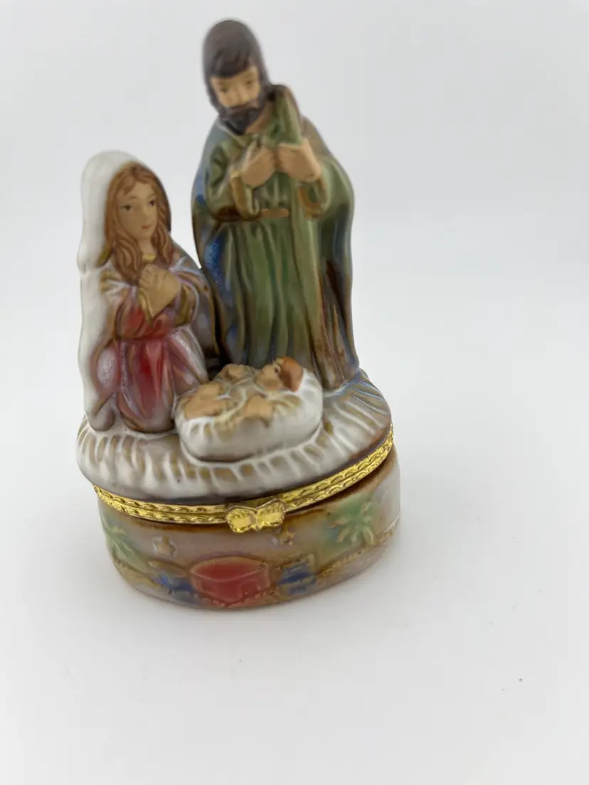 Mary, Joseph and Jesus Trinket Box.  Beautifully Painted and Glazed!