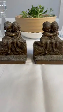 Pair of Bronze Vintage Bookends with Children Hugging