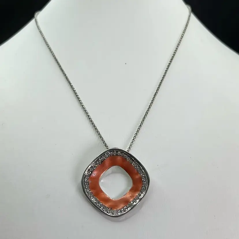 Peach Colored Rhinestone Pendant Necklace, Silver tone 18” Marked With “H”