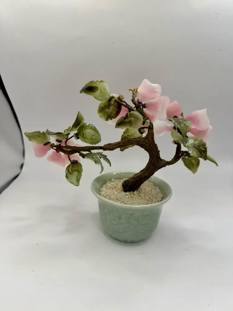 Vintage Glass Japanese Asian Floral Pink Blossom Ceramic Celadon Pot