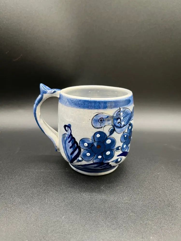 Blue Mexican Tonala Folk Art Pottery Floral Mug With Thumb Rest 3.5”☕️