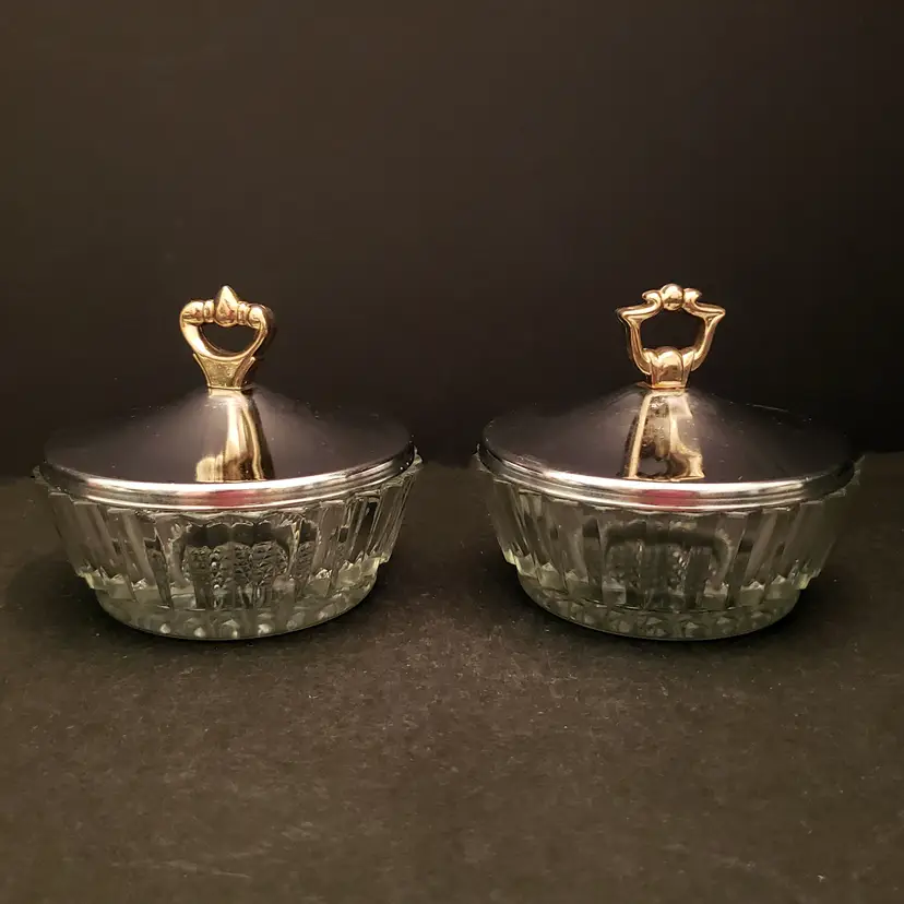Pressed Glass Compote Candy Trinket Dish Gold Handle Chrome Lid MCM Vintage