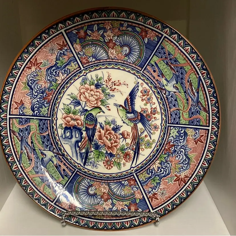 #5116 Vintage Japanese Binyaku Imari Design Plate 12inch Centerpiece With Birds