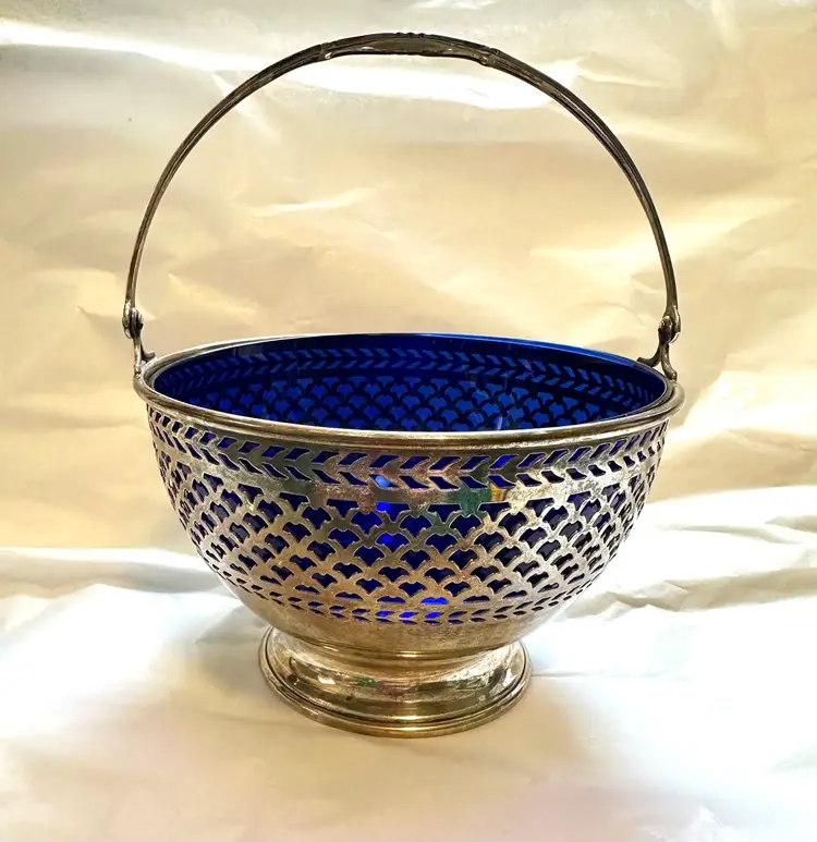 Antique Sterling Silver Basket Bowl w/ Cobalt Blue Glass Liner