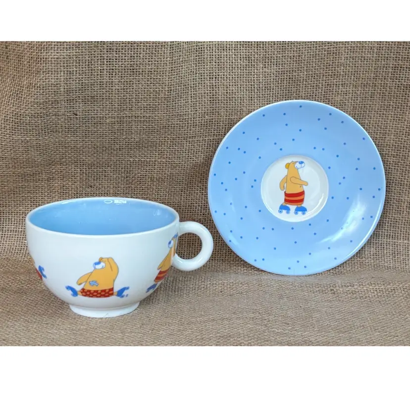 Haba Bear In Rollerskates Cappuccino Mug And Polka Dot Saucer Whimsical Funny