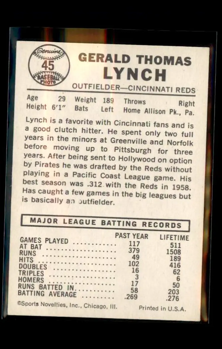 1960 Leaf #45 Jerry Lynch - (pk1) - Cincinnati Reds