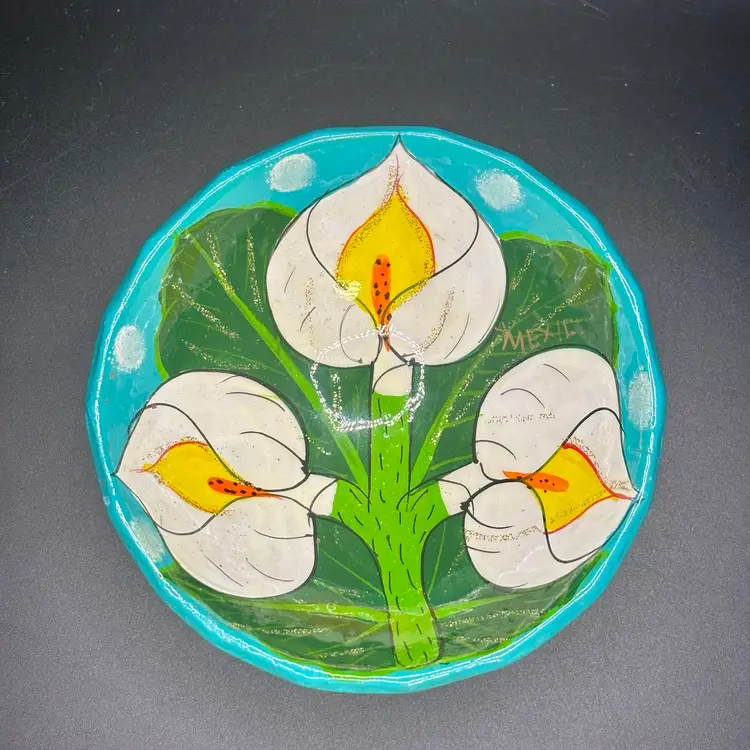 Mexican Turquoise & Calla Lily 3-legged Bowl Trinket Dish 4.5”