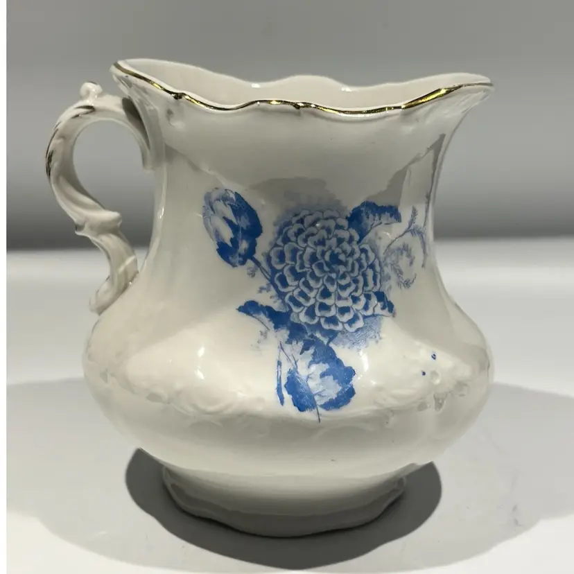 RARE Antique - Knowles Taylor Knowles Semi-Vitreous Shaving Mug – Blue Floral with Gold Trim, 4” Tall