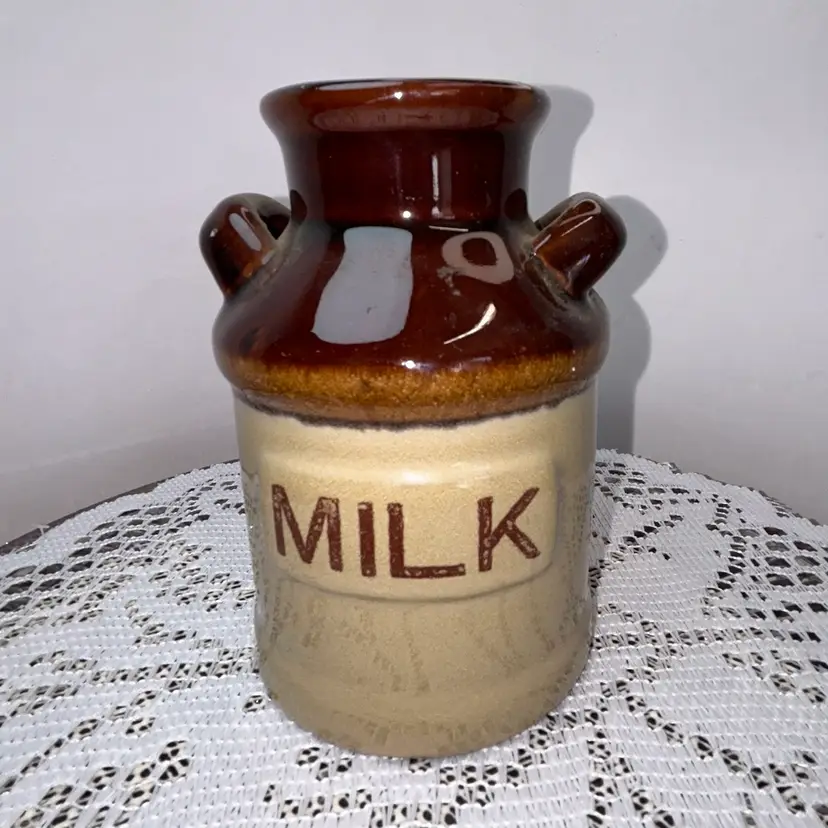 Vintage Small Ceramic Milk Jug Crock Brown And Tan -Red Ware