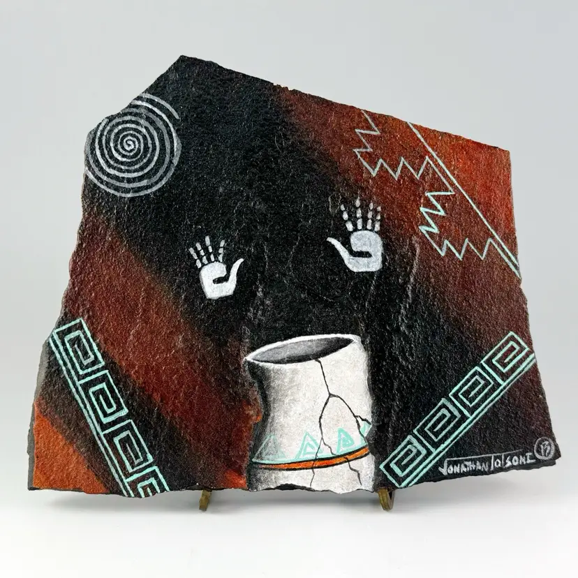 Jonathan Totsoni Dine Navajo Healing Hands, Hand-Painted Canyon d'Chelly Granite Stone Slab, Native American Made in USA
