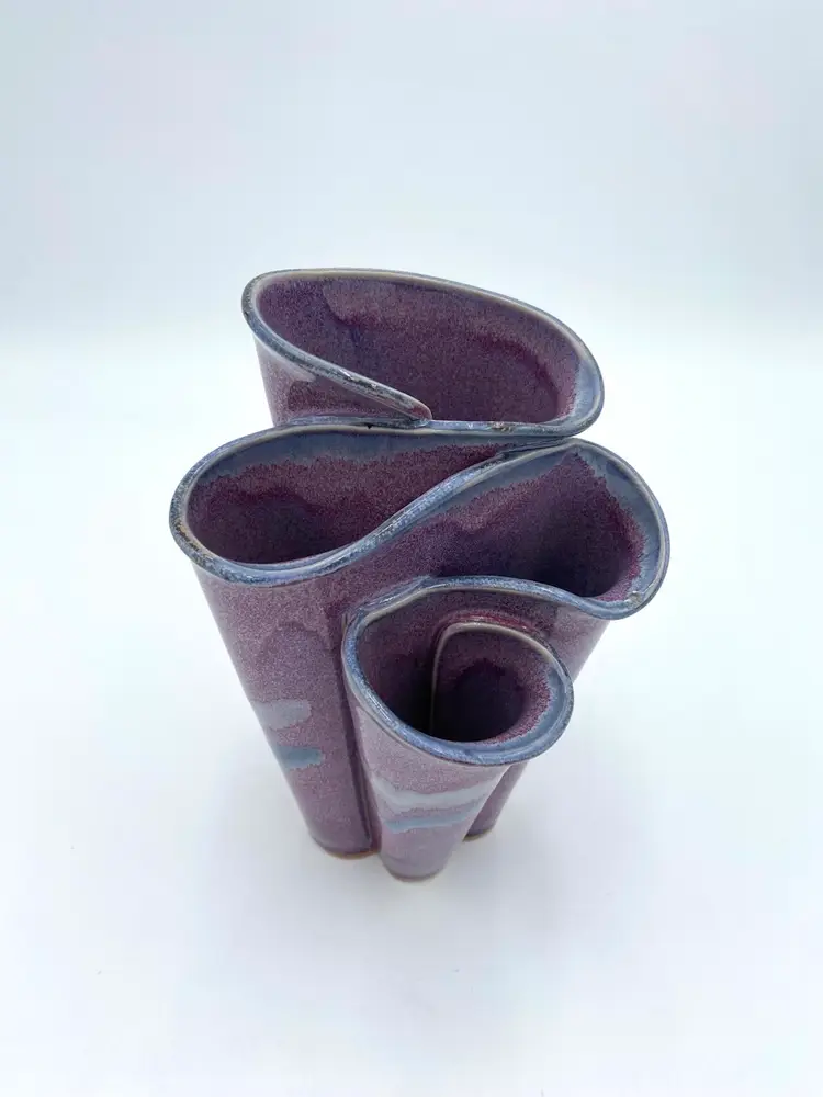Vintage Bay Pottery 4 Chamber Ribbon Vase, Glazed Purple & Blue, Signed, 8.5"