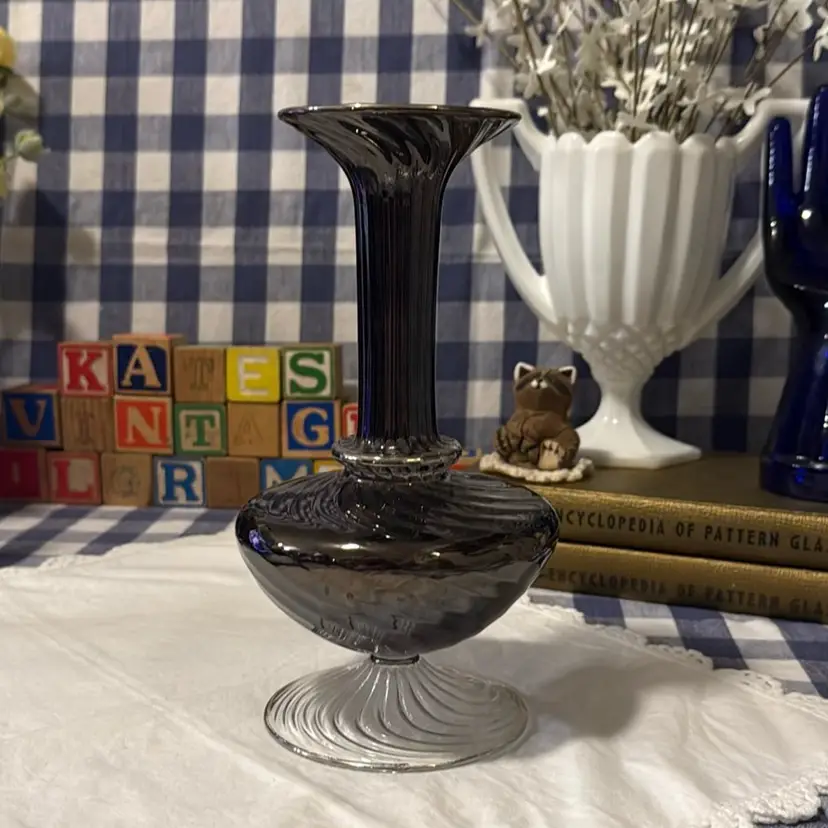 Italian Hand Blown Glass Vase Smoke Glass Silver Rim