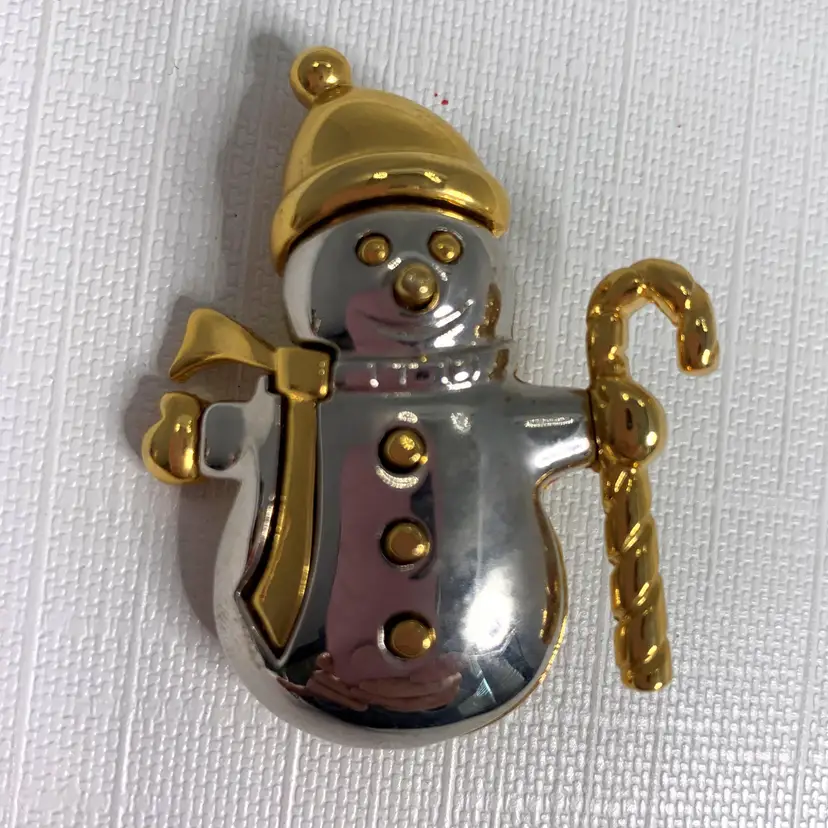 Signed Allison Reed Snowman Brooch Silver Gold Tone Candy Cane Pin Vintage