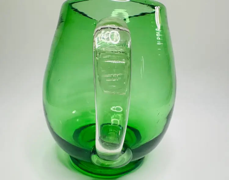 Vintage Blown Glass Green Pitcher with Clear Applied Handle
