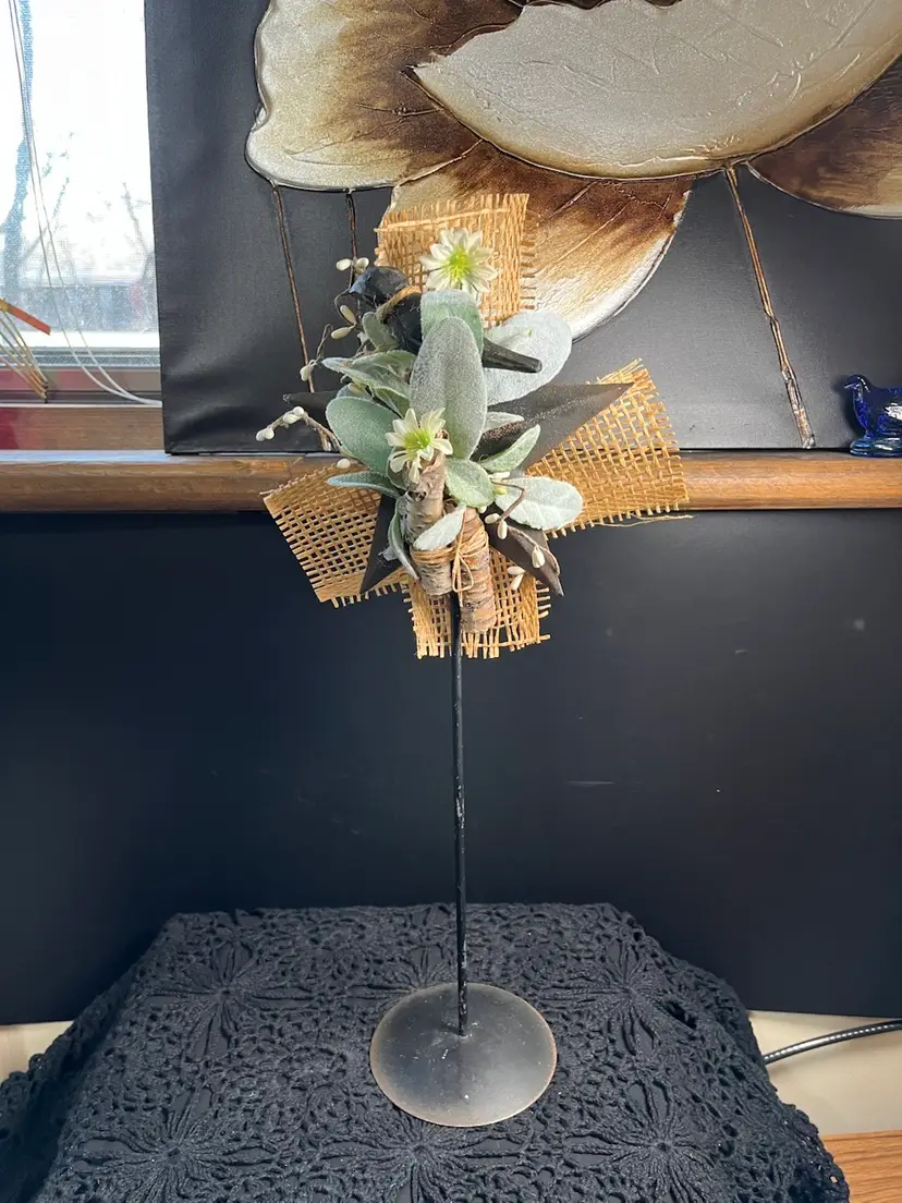 Embellished 5 Point Metal Star on Metal Pedestal-Has Burlap, Twigs, Flora, and it Has a Bird on It!!