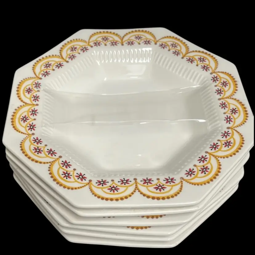 Set Of 6- Independence Ironstone Vtg. Octagonal Bowls- Hickory Pattern - 8” Diameter