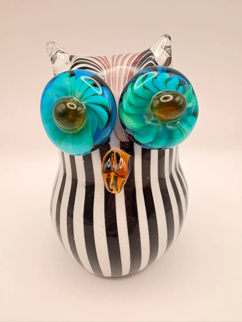 Vintage Murano Art Glass Striped Owl With Large Turquoise Eyes 5.5”