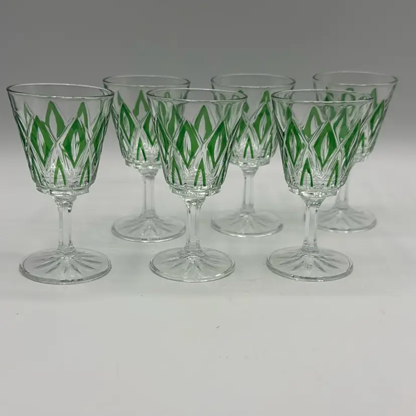 Set Of 6 New Old Stock Reims Harlequin Diamond Cordial Glasses Green