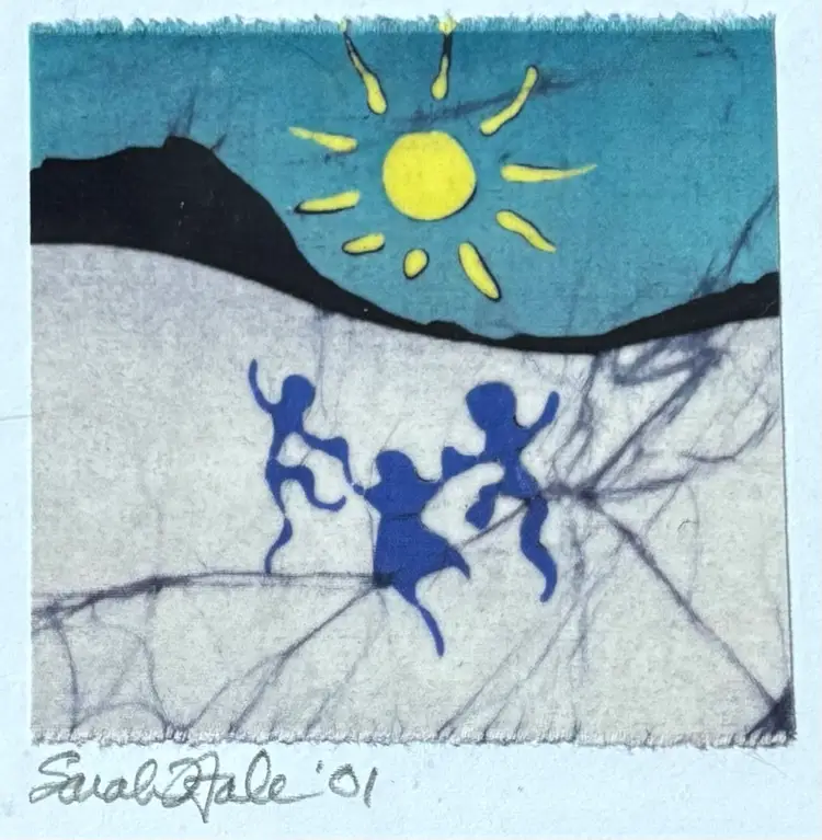 Vintage Sarah Hale Dancing Batik Painting Art Children Shadows Silhouette