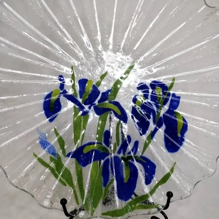 12in Handcrafted Sydenstricker Fused Glass Plate Vibrant Blue Iris Floral Design