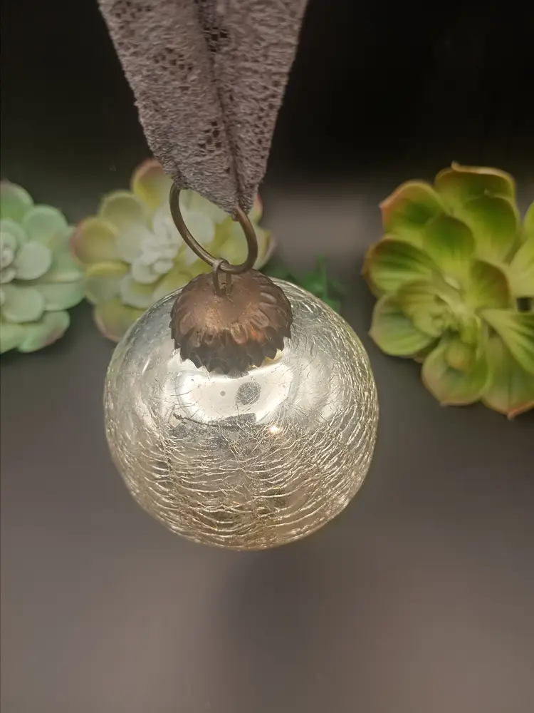 Vintage Heavy Silver Crackle Glass Ornament/ Sun Catcher/ Orb with Brass Hanger and Jump Ring.