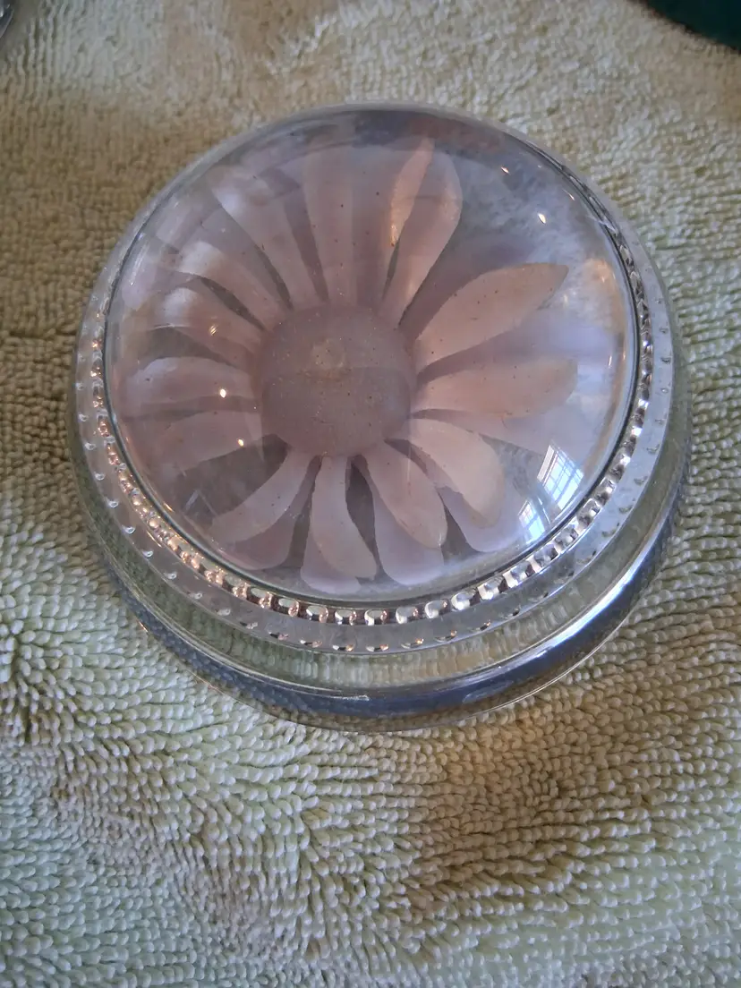 Vintage Round Dome Glass Paperweight,  Silk Daisy