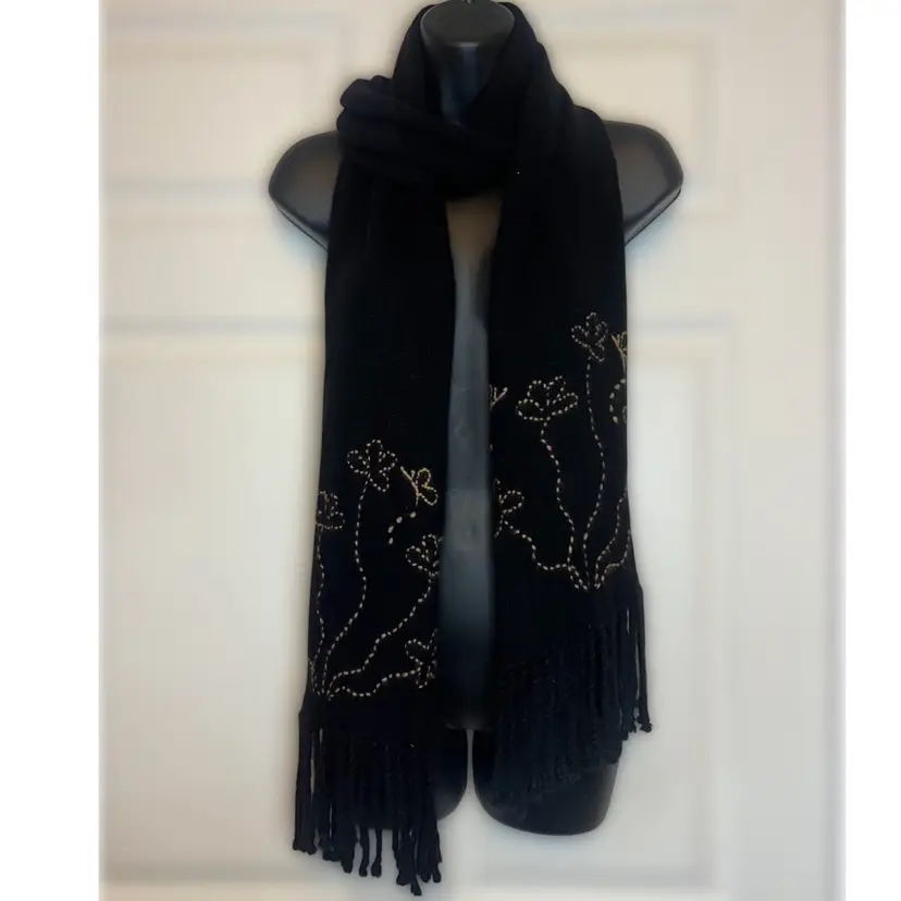 Portolano Cashmere Scarf Black Tan Floral Butterfly Crewel Embroidery Tassels