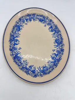 Vintage Shenango Inca Ware Oval Plate Blue Floral Border Stained Cottagecore 9x7