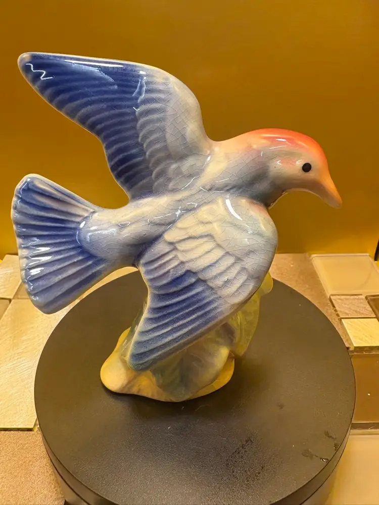 Vintage Royal Copley Blue And Pink Bird On Tree Stump Figurine 5"