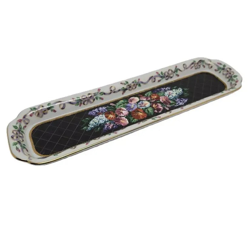 Neiman Marcus Porcelain Letter Opener Tray, Black with Flowers, Gold Trim