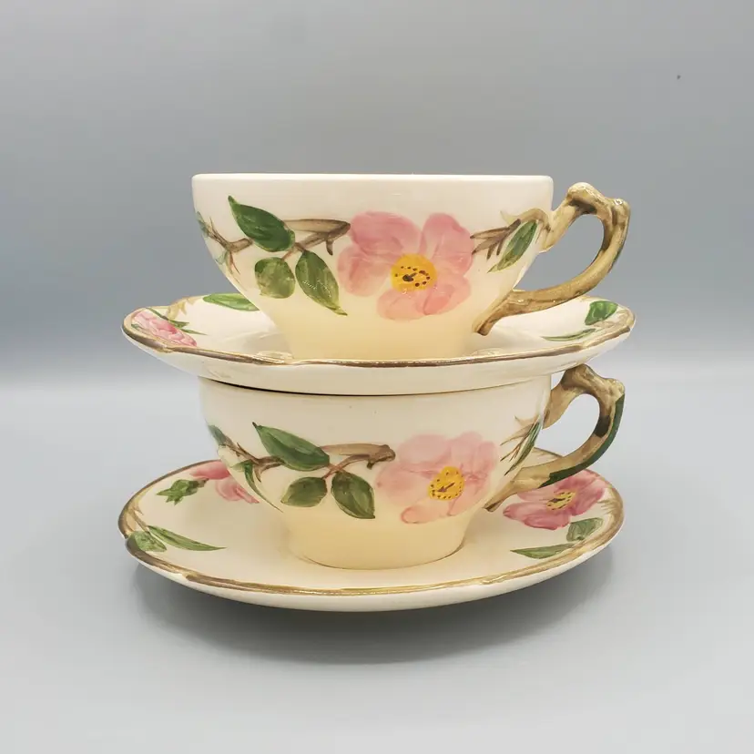 Pair Of Franciscan Hand Painted Earthenware Tea Cups & Saucers, Desert Rose